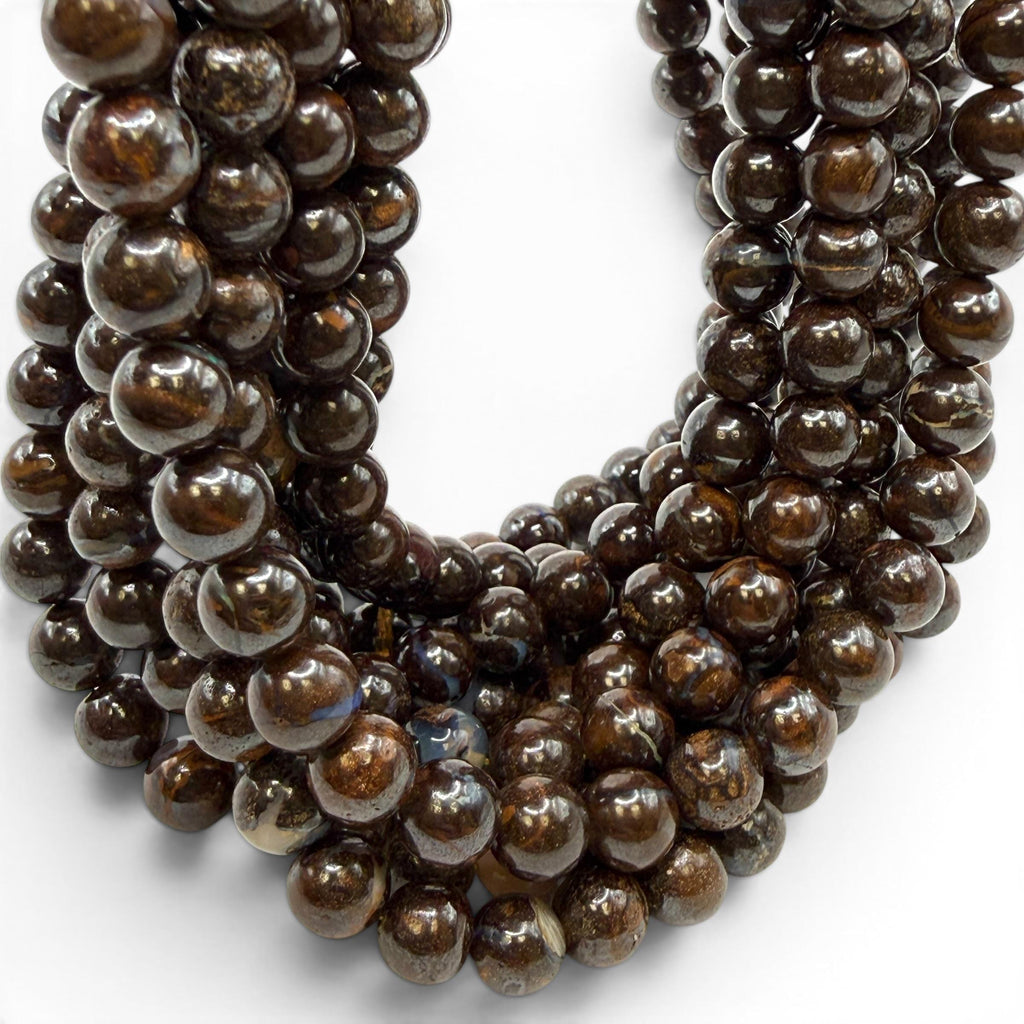 Queensland Boulder Opal Beads Australia - Naturally Formed in Cracks of Ironstone Boulders - Darkest Espresso Brown AAA - Smooth Round