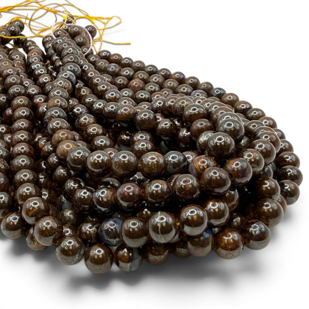 Queensland Boulder Opal Beads Australia - Naturally Formed in Cracks of Ironstone Boulders - Darkest Espresso Brown AAA - Smooth Round