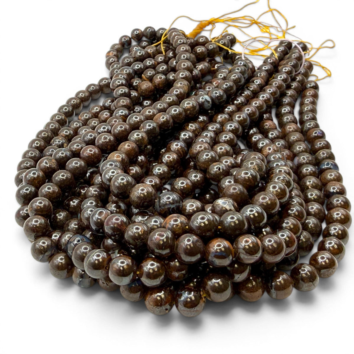 Queensland Boulder Opal Beads Australia - Naturally Formed in Cracks of Ironstone Boulders - Darkest Espresso Brown AAA - Smooth Round