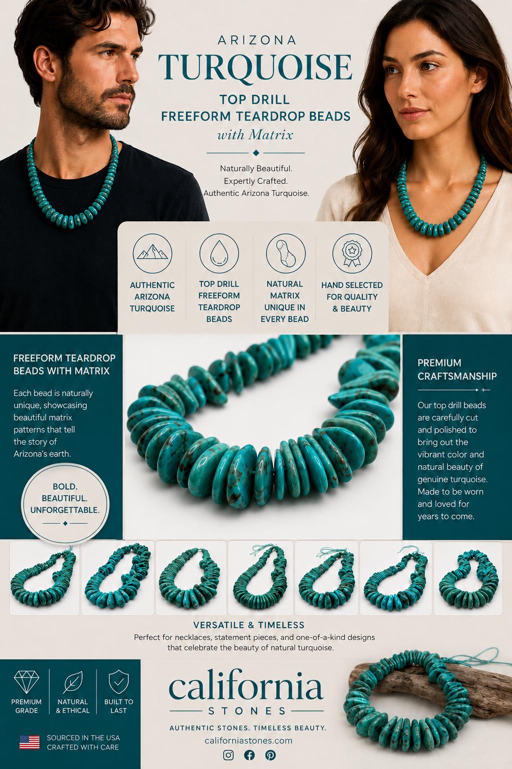 Top-Drilled Cornflake Arizona Turquoise Beads USA Matrix- Untreated with No Dye or Color Enhancement- Men's Jewelry Making Teardrop 10-18mm