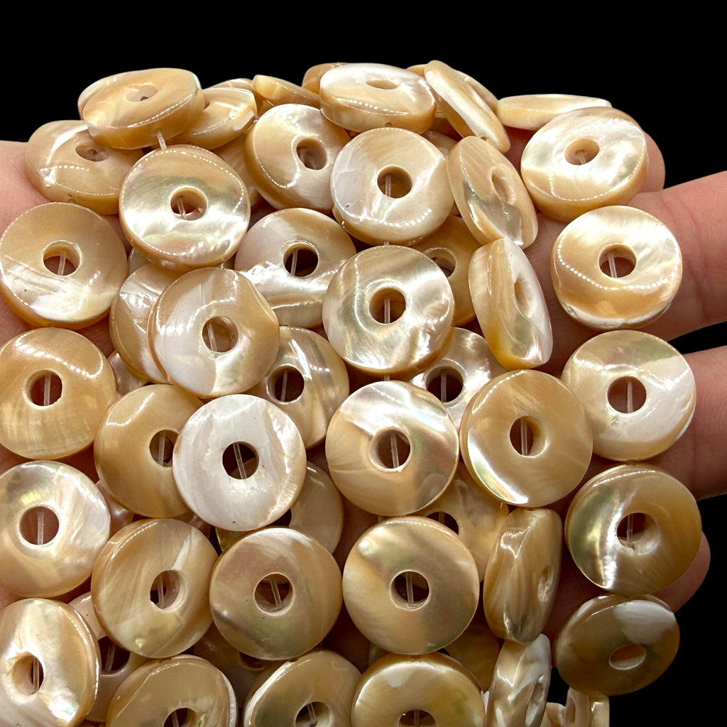 AAA Mirror-Polished Troca Shell Beads (AAA Luster) Natural Champagne Golden Glow Mother of Pearl - Smooth Donut 15mm SKU#B305