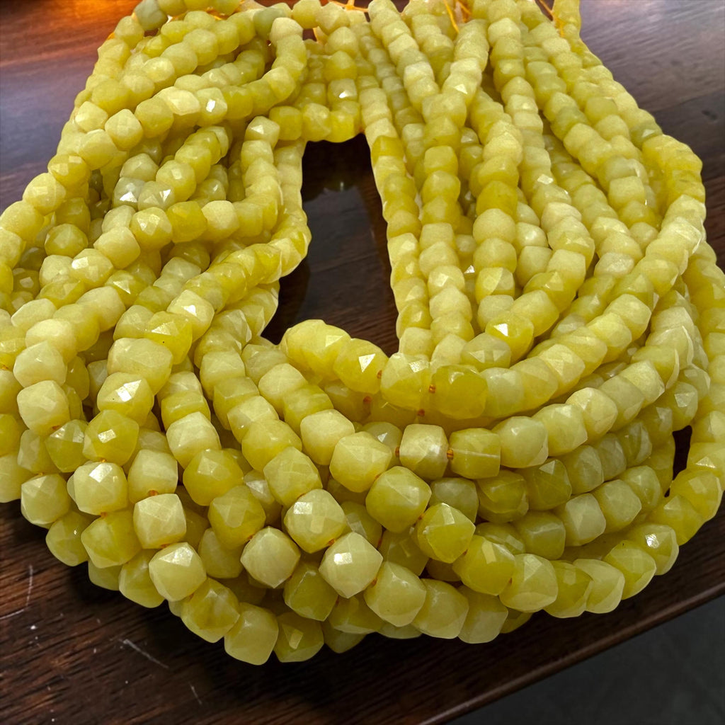 Sunlit Olive Jade Beads - Vibrant Golden Glow Serpentine Gemstone For Jewelry Making - 3D Faceted Cube 8mm SKU#A201