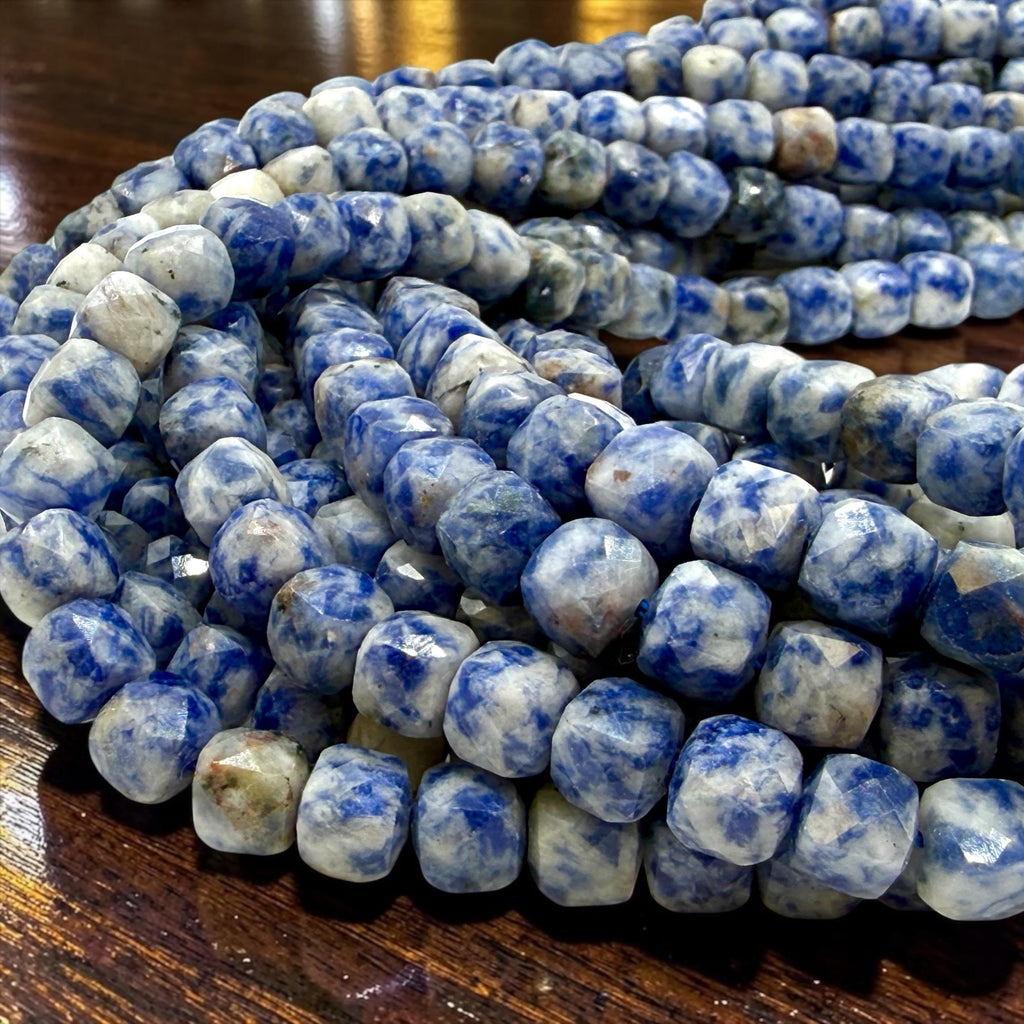 Brazilian Denim Sodalite Beads - Natural White Matrix Gemstone For Jewelry Making - 3D Faceted Cube 8mm SKU#A202