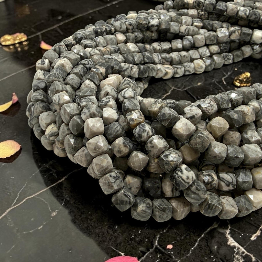 Smoky Picasso Jasper Beads - Soft Grey Picasso Marble with Ink Veining - Natural Abstract Stone - 3D Faceted Cube 8mm SKU#A203