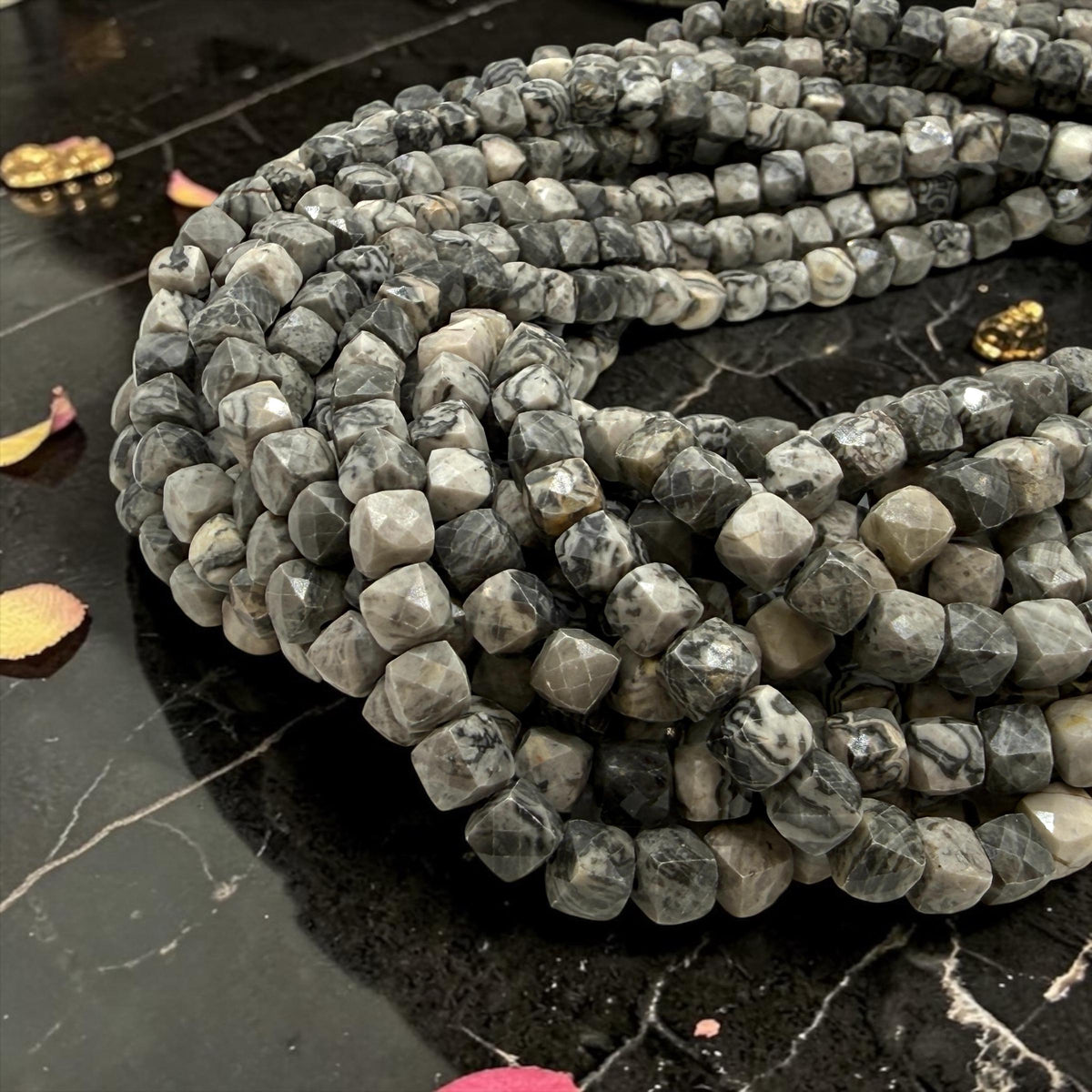Smoky Picasso Jasper Beads - Soft Grey Picasso Marble with Ink Veining - Natural Abstract Stone - 3D Faceted Cube 8mm SKU#A203