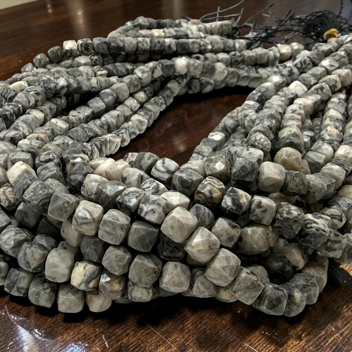 Smoky Picasso Jasper Beads - Soft Grey Picasso Marble with Ink Veining - Natural Abstract Stone - 3D Faceted Cube 8mm SKU#A203