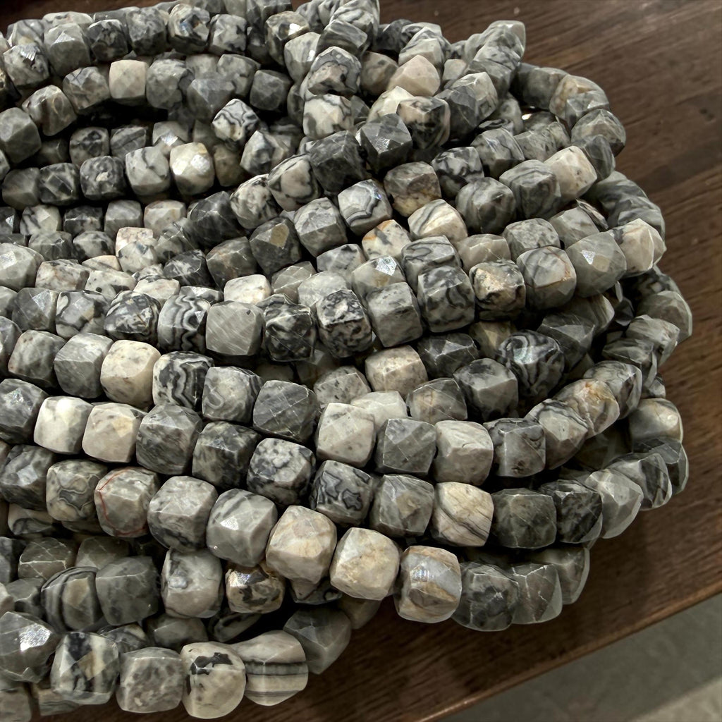 Smoky Picasso Jasper Beads - Soft Grey Picasso Marble with Ink Veining - Natural Abstract Stone - 3D Faceted Cube 8mm SKU#A203