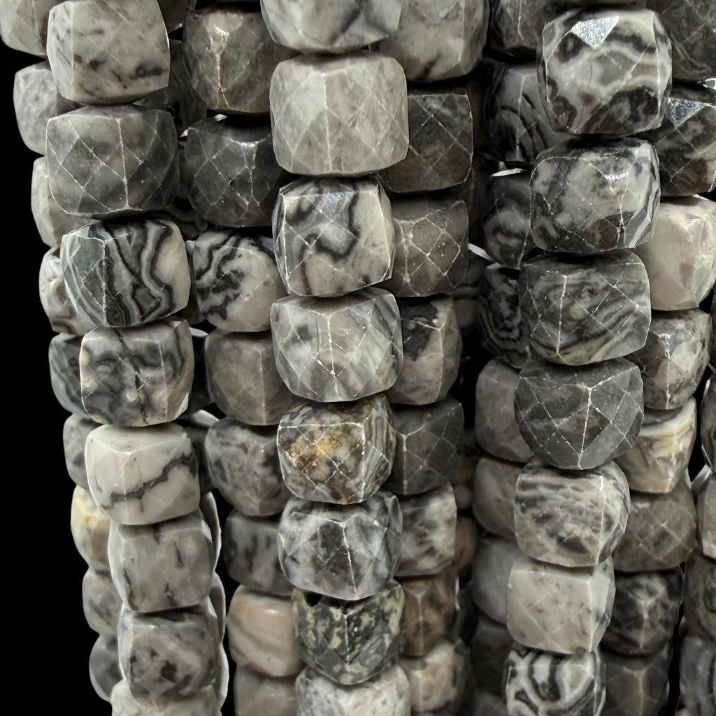 Smoky Picasso Jasper Beads - Soft Grey Picasso Marble with Ink Veining - Natural Abstract Stone - 3D Faceted Cube 8mm SKU#A203