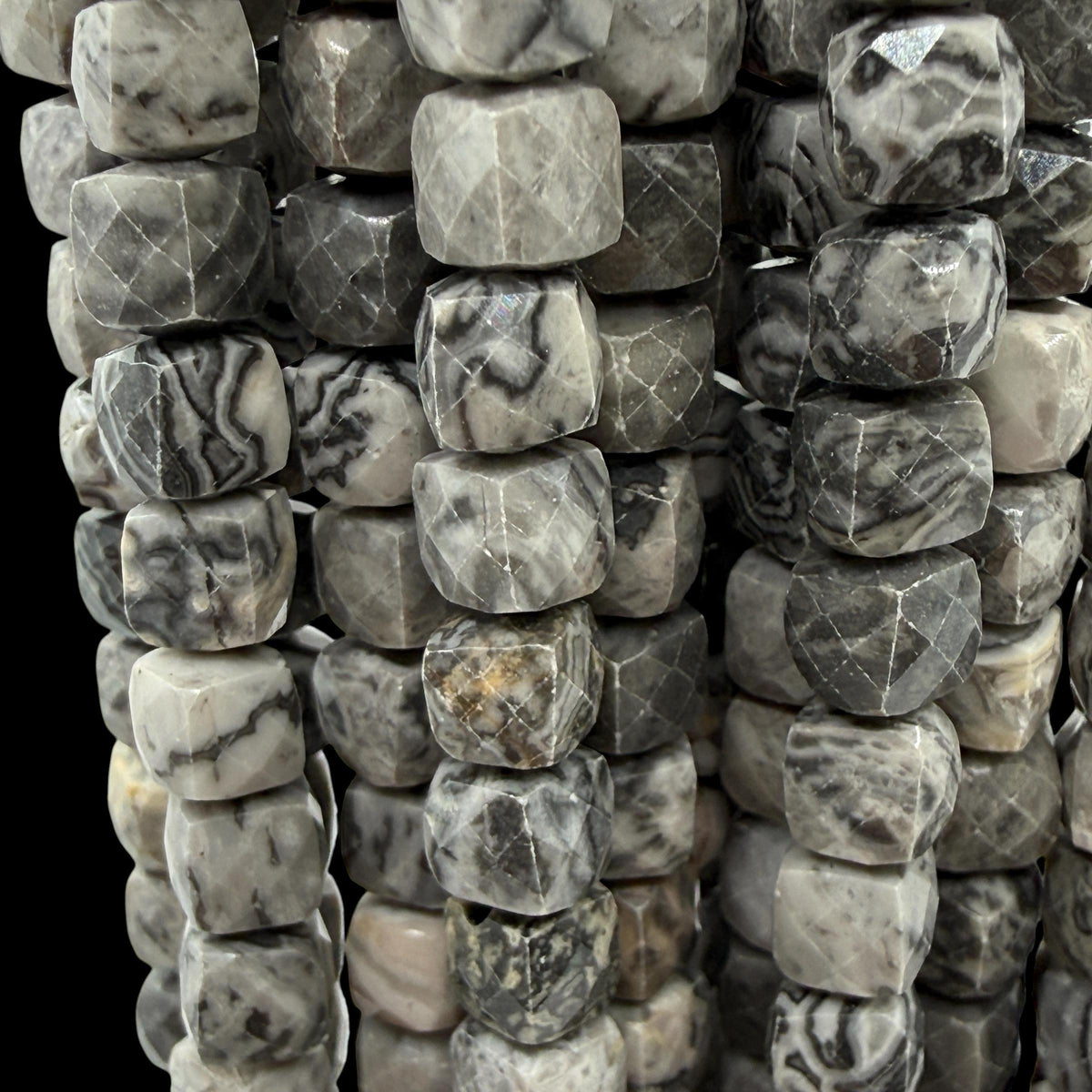 Smoky Picasso Jasper Beads - Soft Grey Picasso Marble with Ink Veining - Natural Abstract Stone - 3D Faceted Cube 8mm SKU#A203