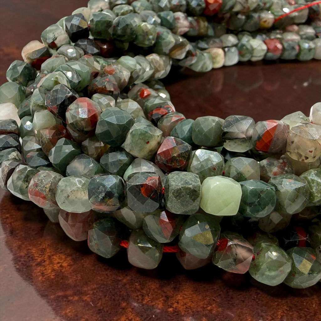 African Bloodstone Beads (Heliotrope) Translucent Multicolor Green Stone with Red Inclusions - Jewelry Making - 3D Faceted Cube 8mm SKU#A204