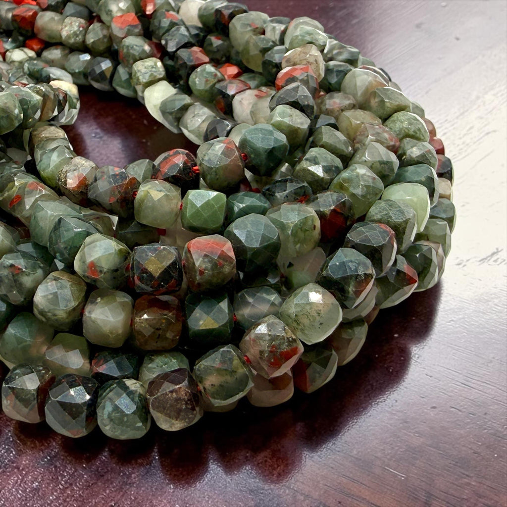 African Bloodstone Beads (Heliotrope) Translucent Multicolor Green Stone with Red Inclusions - Jewelry Making - 3D Faceted Cube 8mm SKU#A204