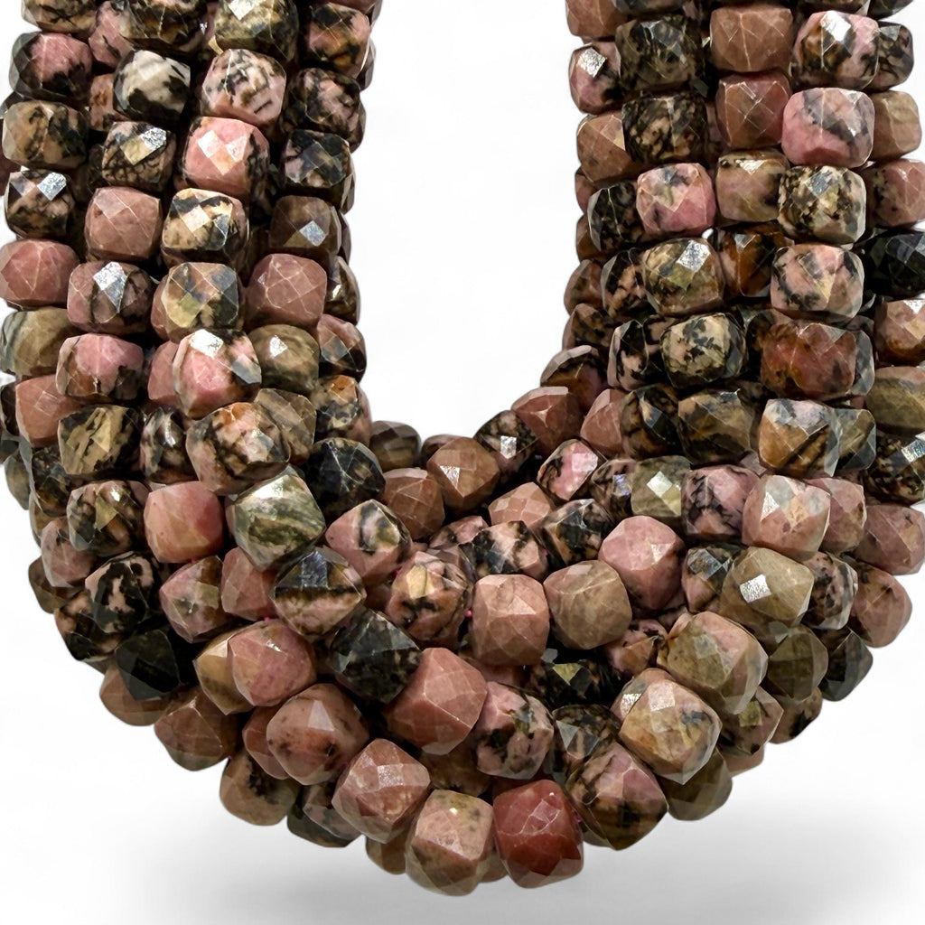 Imperial Rose Rhodonite Beads Madagascar - Organic Midnight Vein Pattern - Gemstone For Jewelry Making Supply - 3D Faceted Cube 8mm SKU#A208