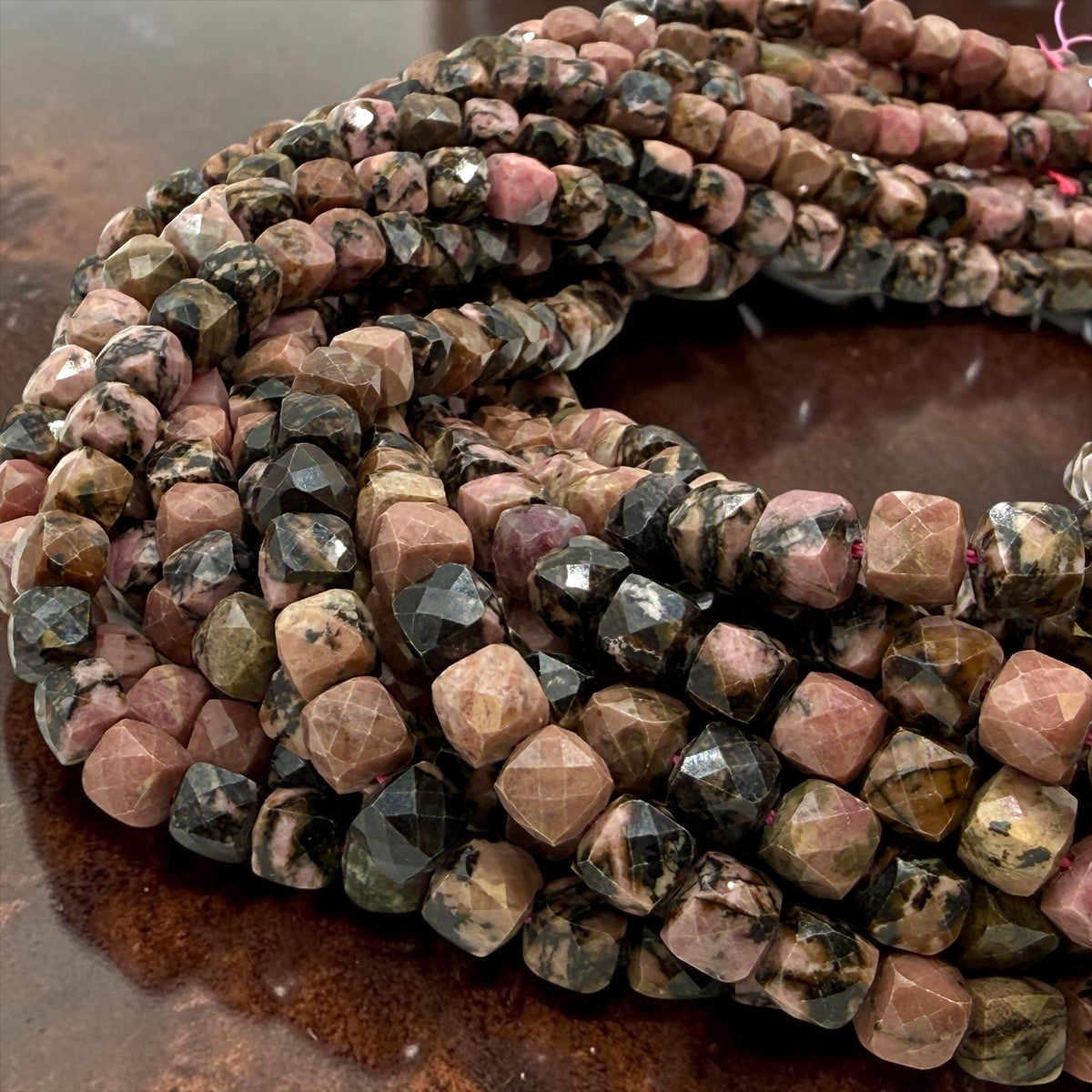 Imperial Rose Rhodonite Beads Madagascar - Organic Midnight Vein Pattern - Gemstone For Jewelry Making Supply - 3D Faceted Cube 8mm SKU#A208
