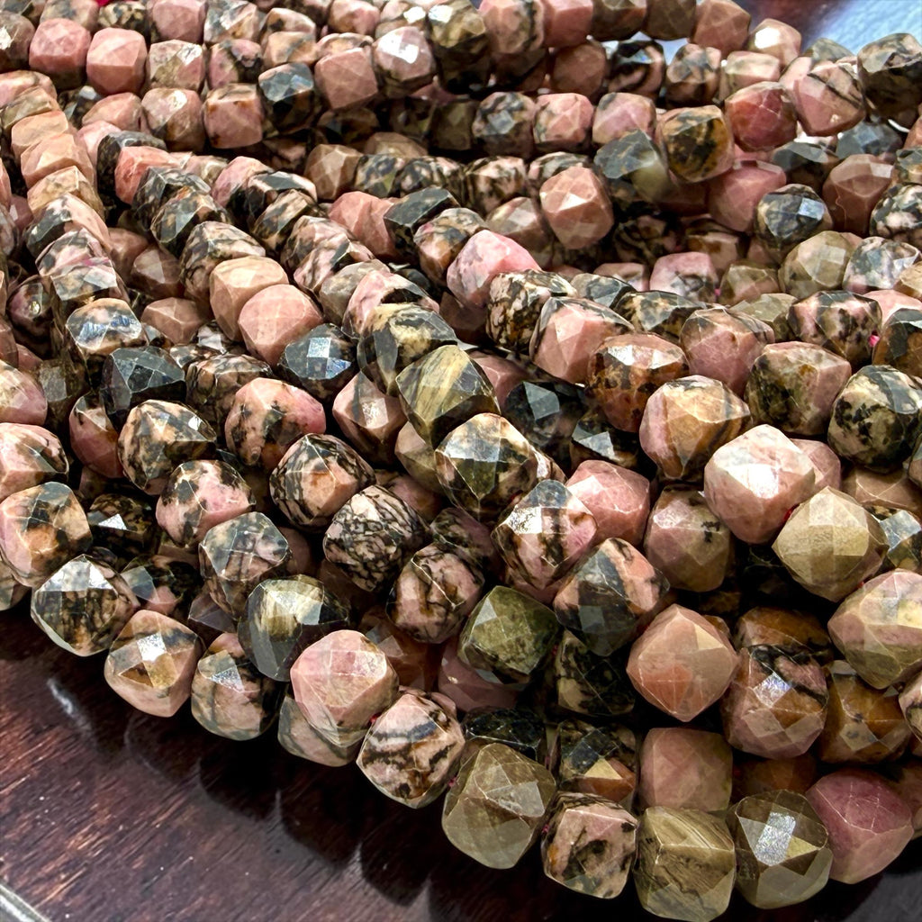Imperial Rose Rhodonite Beads Madagascar - Organic Midnight Vein Pattern - Gemstone For Jewelry Making Supply - 3D Faceted Cube 8mm SKU#A208