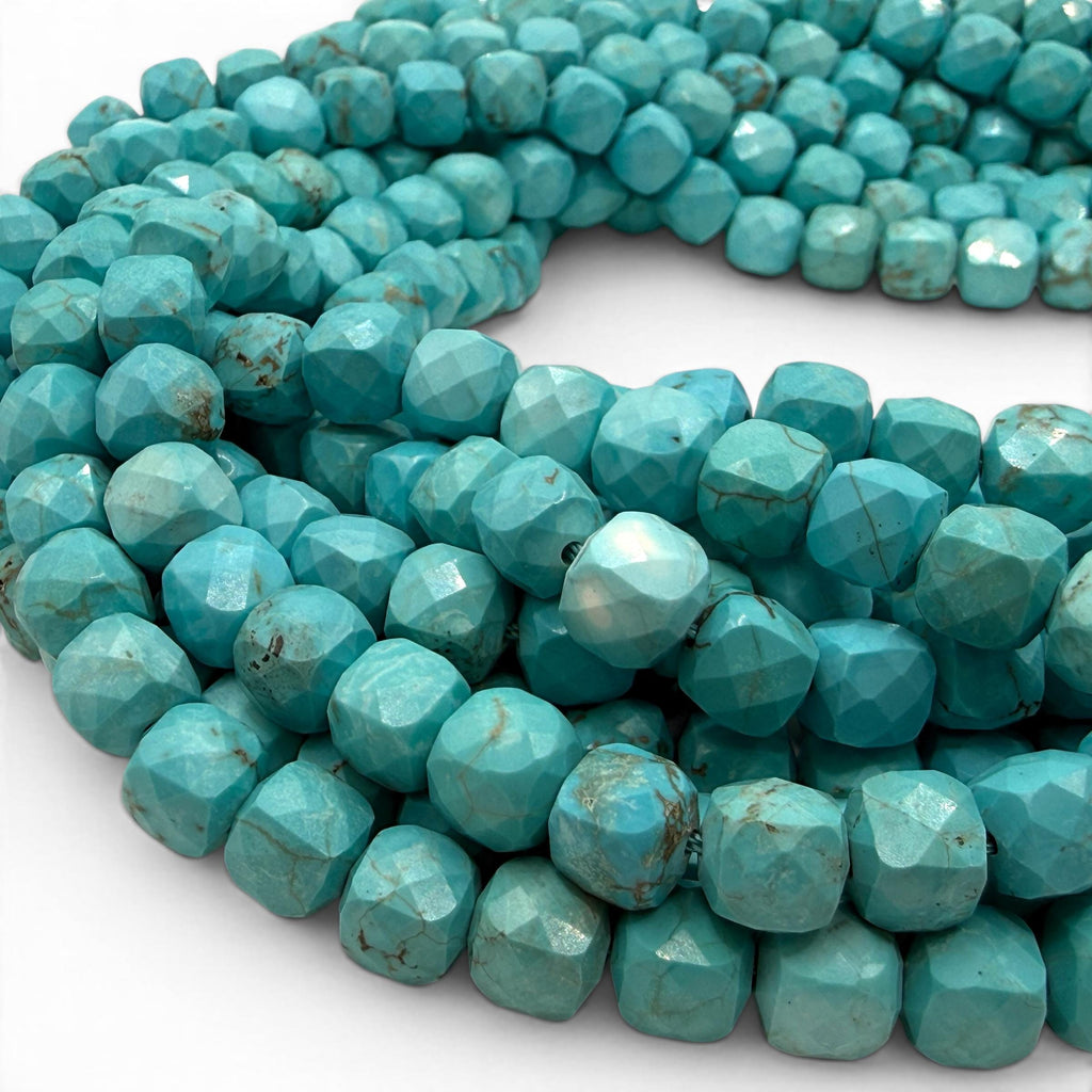 Turquoise Blue Howlite Beads - Natural Vein Pattern - Dyed Color Gemstone For Jewelry Making Supply - 3D Faceted Cube 8mm SKU#A209