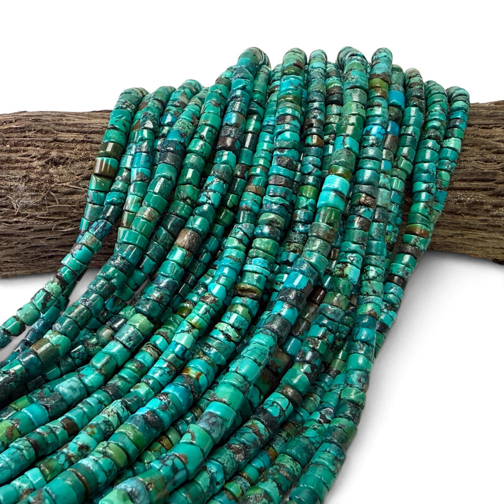 Darkest Turquoise Beads with Matrix - Untreated with No Dye or Color Enhancement - Freeform Thickness - Heishi 5mm SKU#B513