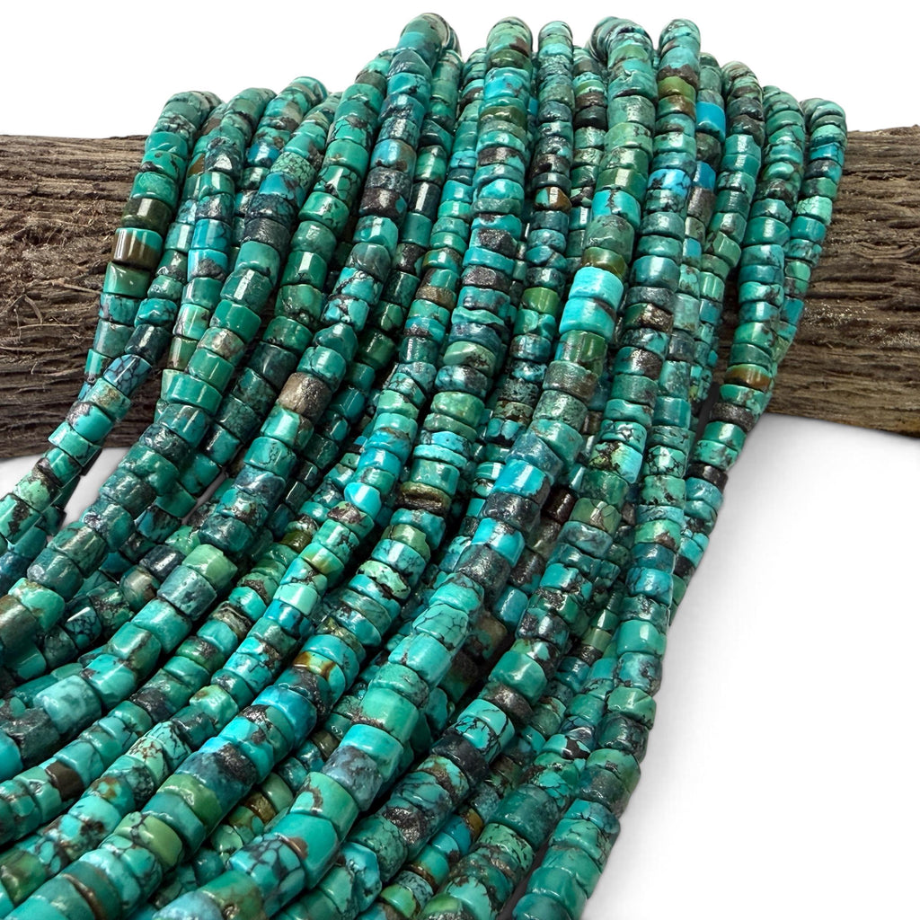 Darkest Turquoise Beads with Matrix - Untreated with No Dye or Color Enhancement - Freeform Thickness - Heishi 6mm SKU#B513