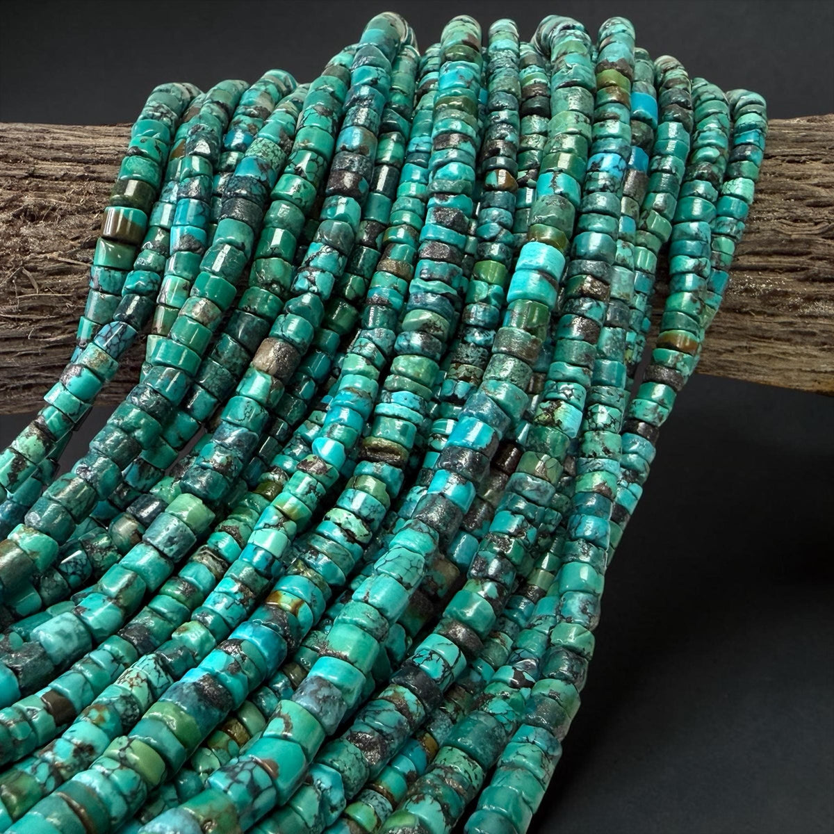 Darkest Turquoise Beads with Matrix - Untreated with No Dye or Color Enhancement - Freeform Thickness - Heishi 6mm SKU#B513