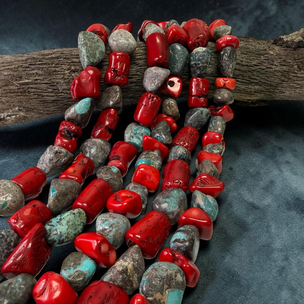 Gray Rough American Turquoise & Bamboo Coral Beads - Freeform Nugget 15-20mm SKU#B514