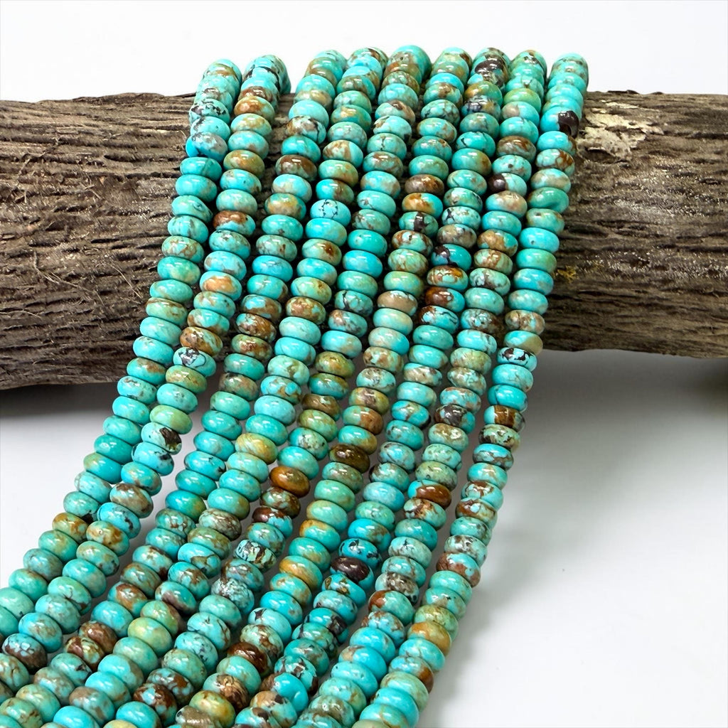 6mm Arizona Kingman Turquoise Beads with Matrix (Robin-Egg Color) Untreated with No Dye or Color Enhancement - Smooth Rondelle SKU#B401
