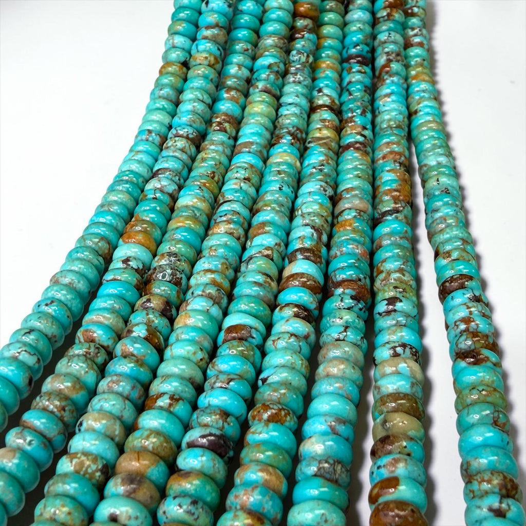 6mm Arizona Kingman Turquoise Beads with Matrix (Robin-Egg Color) Untreated with No Dye or Color Enhancement - Smooth Rondelle SKU#B401