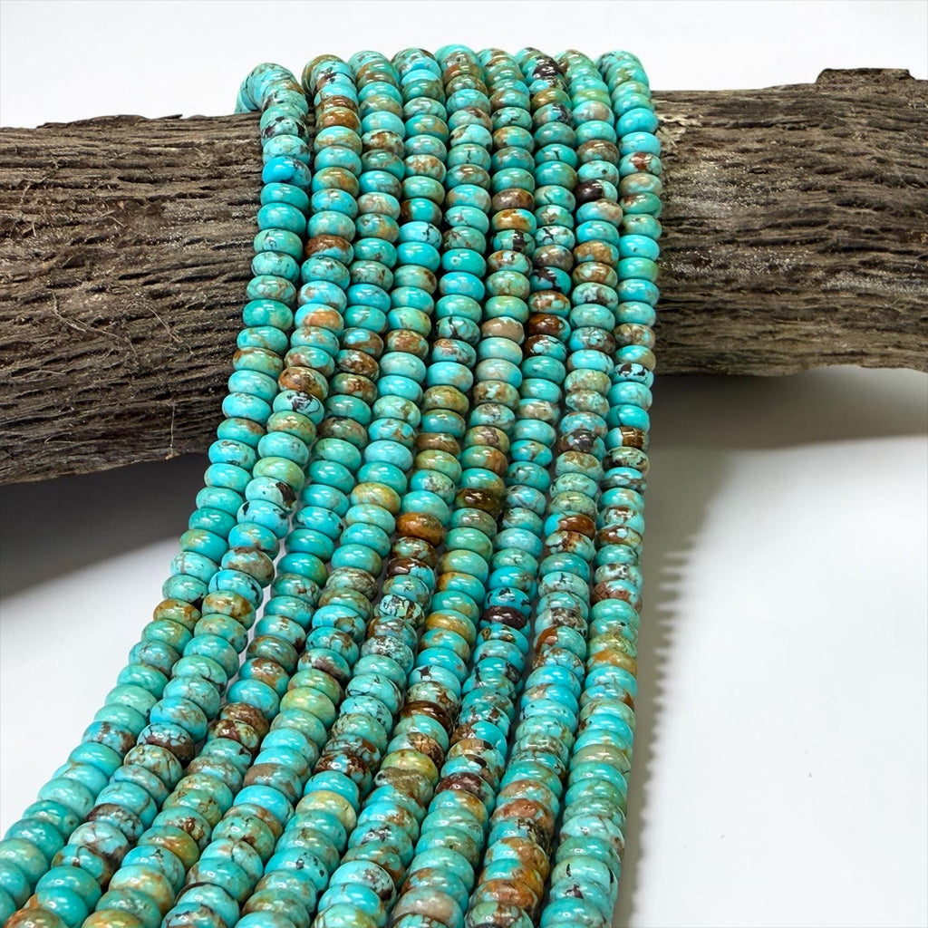 6mm Arizona Kingman Turquoise Beads with Matrix (Robin-Egg Color) Untreated with No Dye or Color Enhancement - Smooth Rondelle SKU#B401