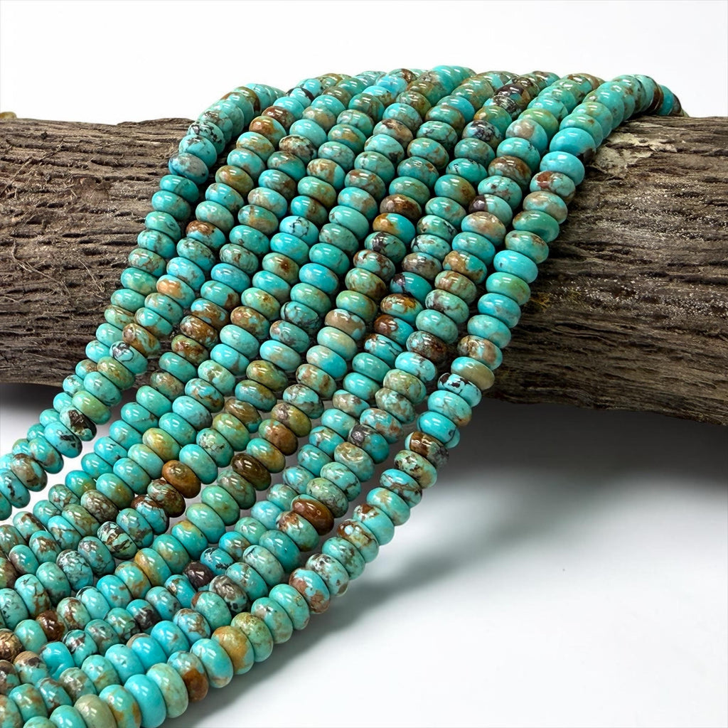 6mm Arizona Kingman Turquoise Beads with Matrix (Robin-Egg Color) Untreated with No Dye or Color Enhancement - Smooth Rondelle SKU#B401