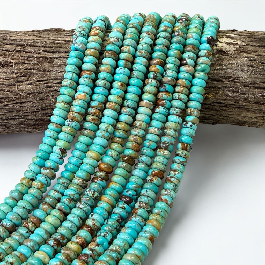 6mm Arizona Kingman Turquoise Beads with Matrix (Robin-Egg Color) Untreated with No Dye or Color Enhancement - Smooth Rondelle SKU#B401