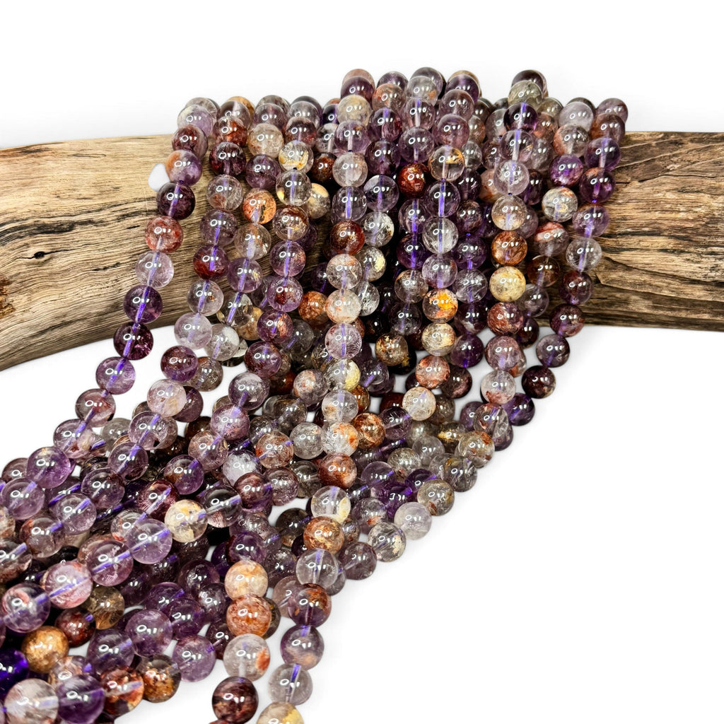 Brazilian Phantom Super 7 Beads Translucent with Reddish Iron-Mineral Inclusion (Cacoxenite, Hematite & Goethite) Smooth Round
