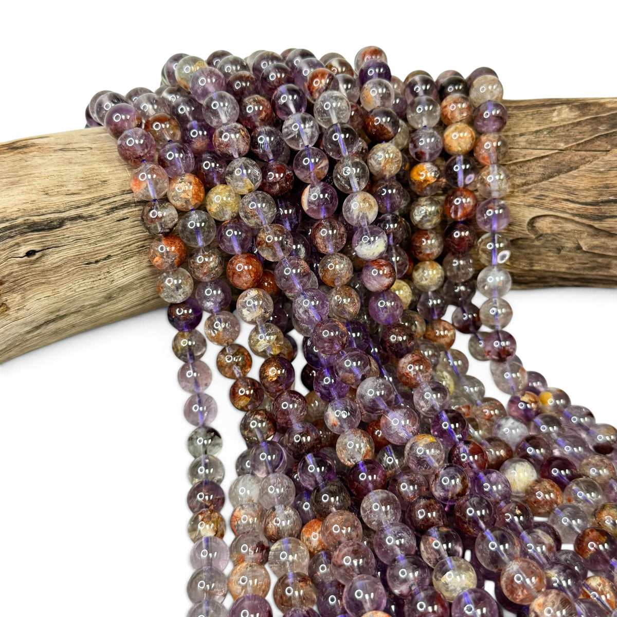 Brazilian Phantom Super 7 Beads Translucent with Reddish Iron-Mineral Inclusion (Cacoxenite, Hematite & Goethite) Smooth Round
