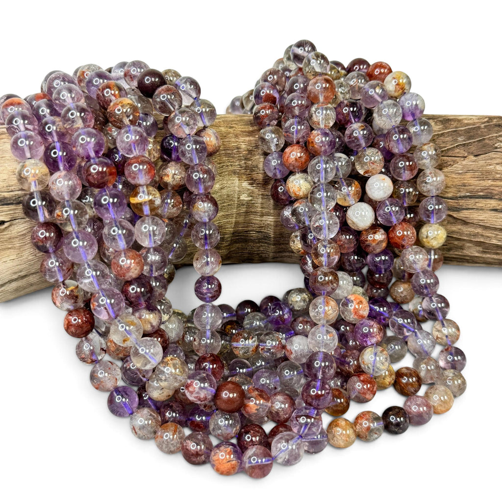 Brazilian Phantom Super 7 Beads Translucent with Reddish Iron-Mineral Inclusion (Cacoxenite, Hematite & Goethite) Smooth Round