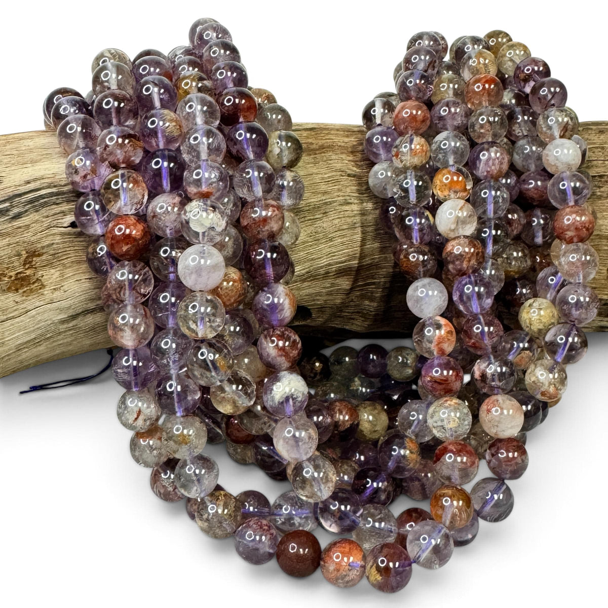 Brazilian Phantom Super 7 Beads Translucent with Reddish Iron-Mineral Inclusion (Cacoxenite, Hematite & Goethite) Smooth Round