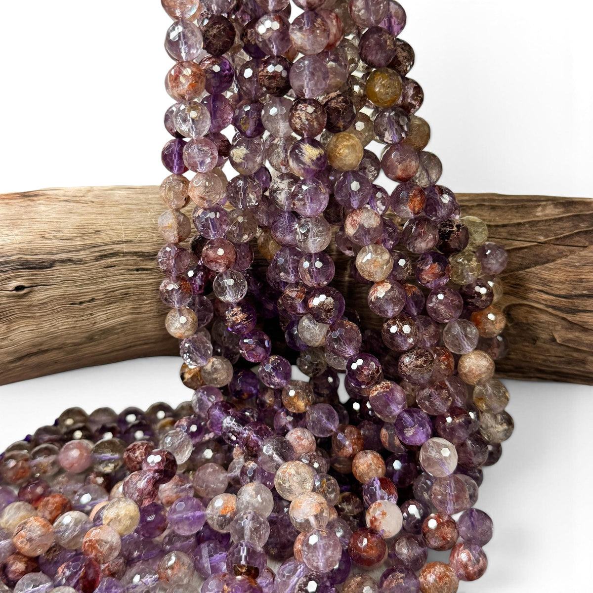 Brazilian Phantom Super 7 Beads Translucent with Reddish Iron-Mineral Inclusion (Cacoxenite, Hematite & Goethite) Faceted Round
