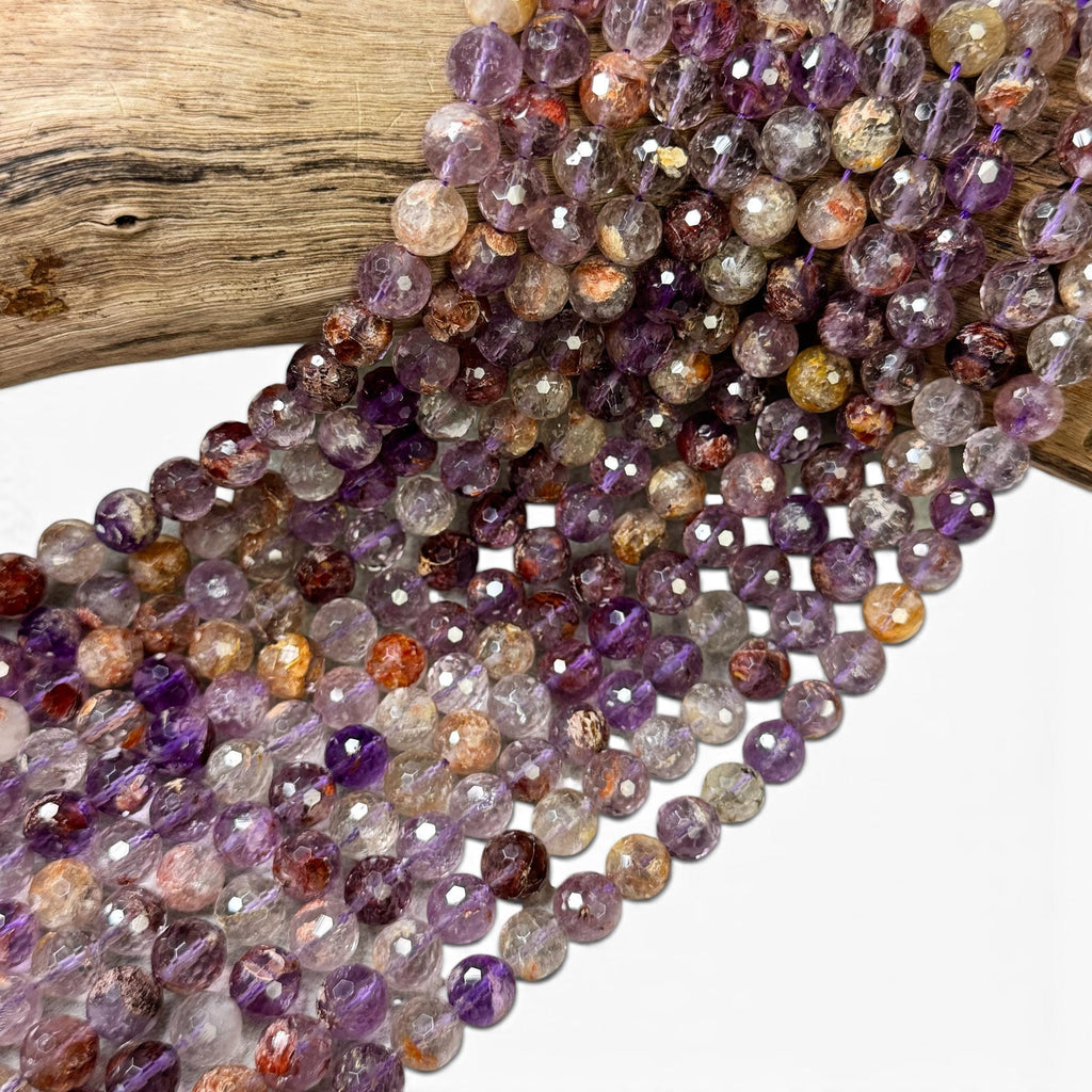Brazilian Phantom Super 7 Beads Translucent with Reddish Iron-Mineral Inclusion (Cacoxenite, Hematite & Goethite) Faceted Round