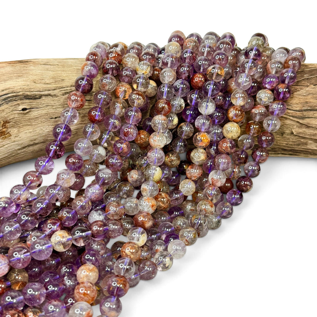 Brazilian Phantom Super 7 Beads Translucent with Reddish Iron-Mineral Inclusion (Cacoxenite, Hematite & Goethite) Smooth Round