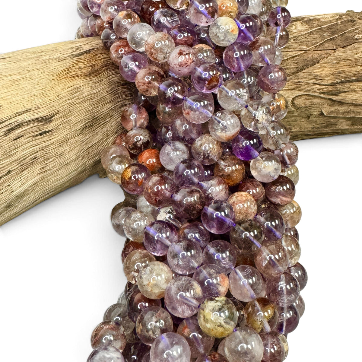 Brazilian Phantom Super 7 Beads Translucent with Reddish Iron-Mineral Inclusion (Cacoxenite, Hematite & Goethite) Smooth Round