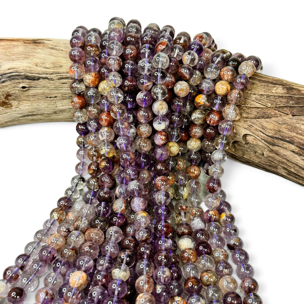 Brazilian Phantom Super 7 Beads Translucent with Reddish Iron-Mineral Inclusion (Cacoxenite, Hematite & Goethite) Smooth Round