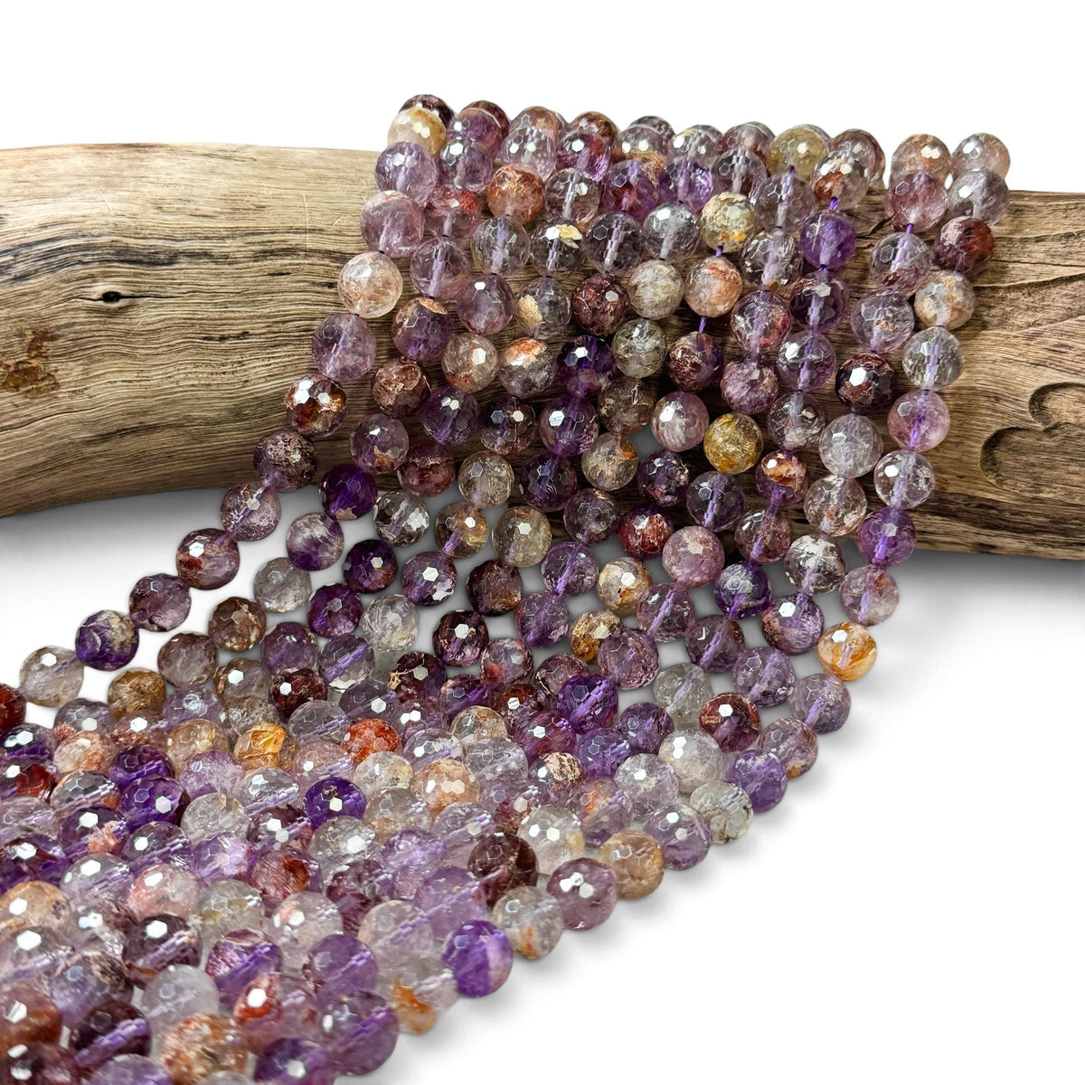 Brazilian Phantom Super 7 Beads Translucent with Reddish Iron-Mineral Inclusion (Cacoxenite, Hematite & Goethite) Faceted Round