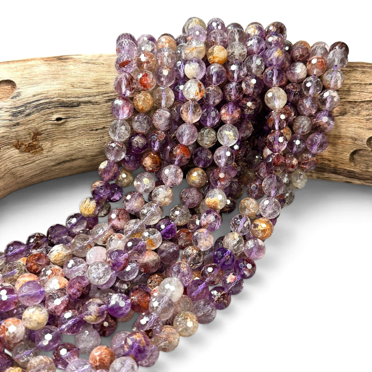 Brazilian Phantom Super 7 Beads Translucent with Reddish Iron-Mineral Inclusion (Cacoxenite, Hematite & Goethite) Faceted Round