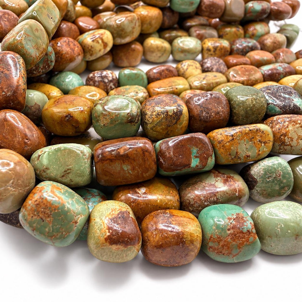 Multicolor Huibei Turquoise Beads - Earthy Green with Matrix - Never Dyed or Color Enhancement - Freeform Cube Nugget Approx. 12-15mm #A119