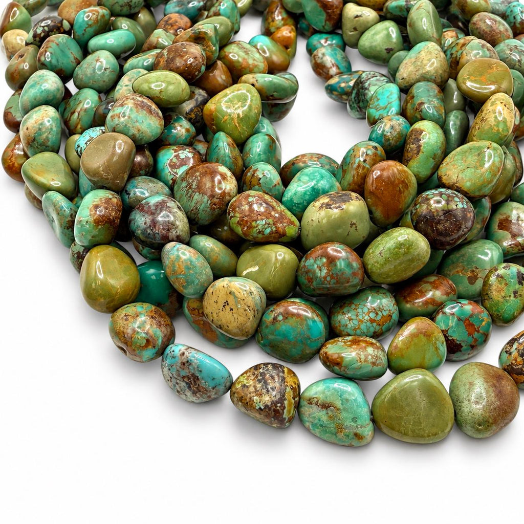 Multicolor Huibei Turquoise Beads - Earthy Green with Matrix - Never Dyed or Color Enhancement - Freeform Pebble Nugget #A120