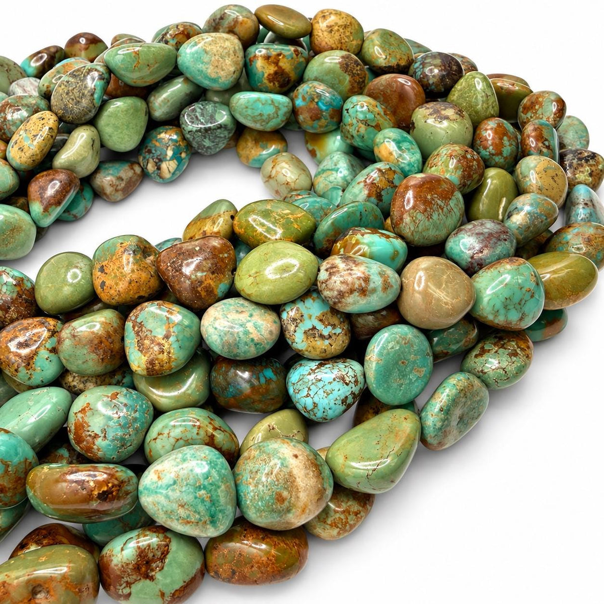 Multicolor Huibei Turquoise Beads - Earthy Green with Matrix - Never Dyed or Color Enhancement - Freeform Pebble Nugget #A120