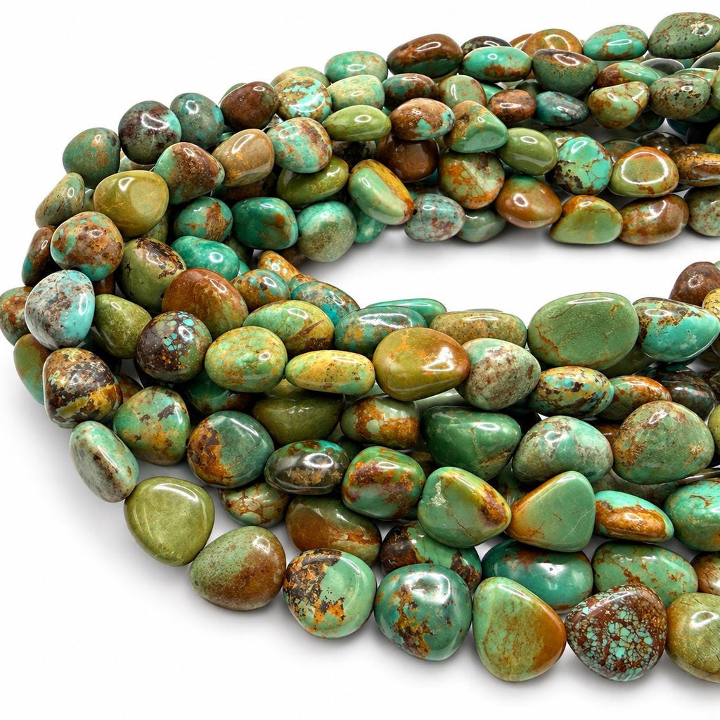 Multicolor Huibei Turquoise Beads - Earthy Green with Matrix - Never Dyed or Color Enhancement - Freeform Pebble Nugget #A120
