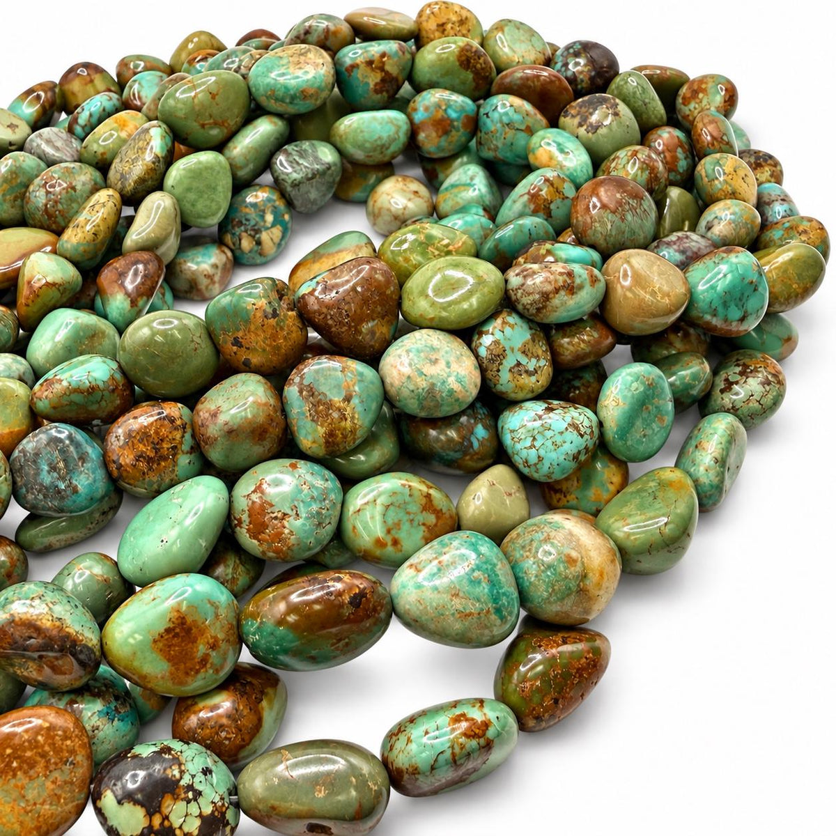 Multicolor Huibei Turquoise Beads - Earthy Green with Matrix - Never Dyed or Color Enhancement - Freeform Pebble Nugget #A120