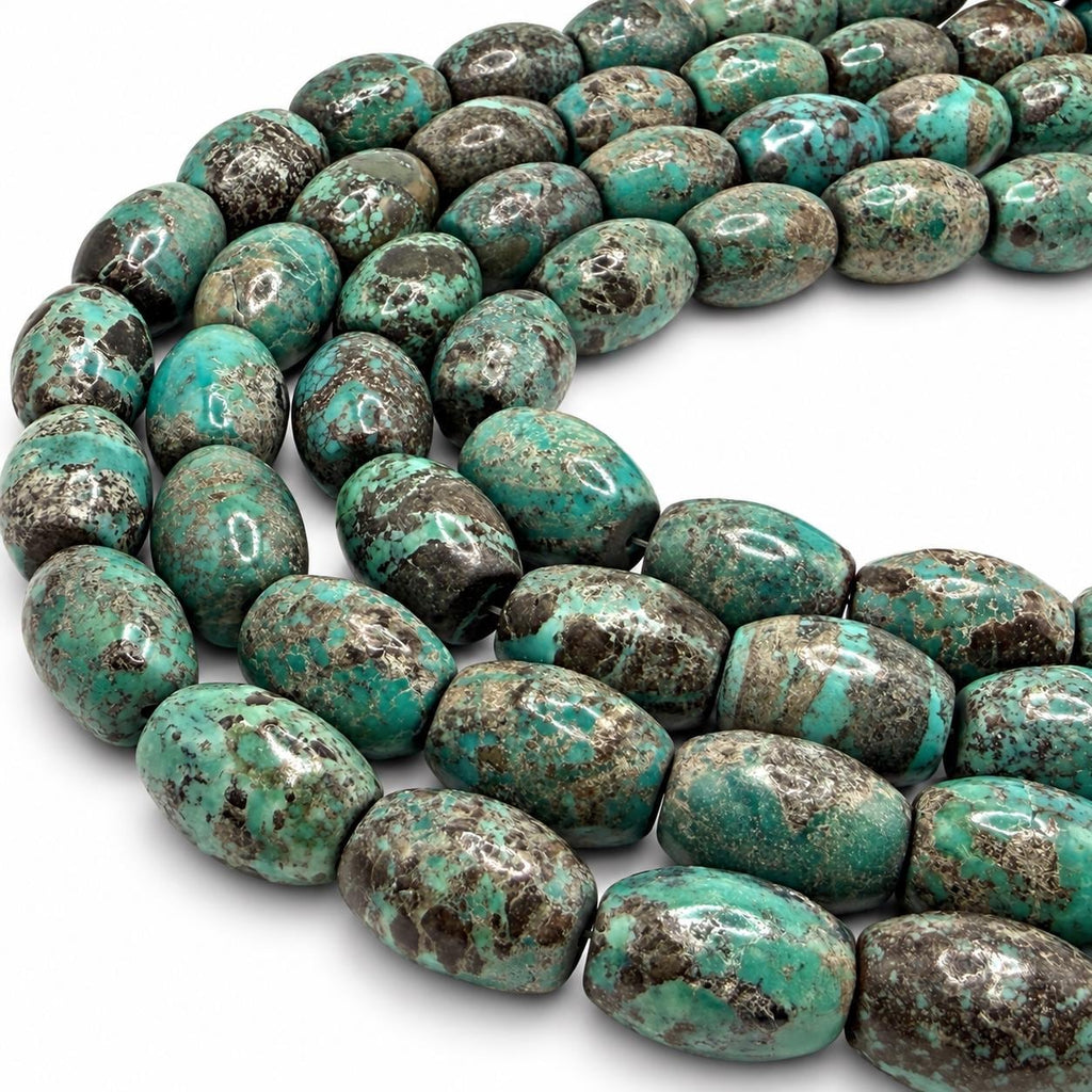 Rare Natural Turquoise Beads - Earthy Blue with Matrix - Never Dyed or Color Enhancement - Smooth Barrel 15X20mm #A121