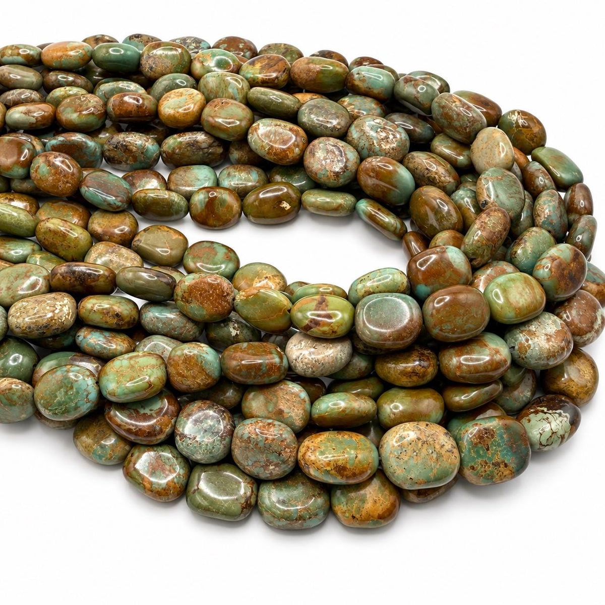 Multicolor Turquoise Beads - Earthy Green with Matrix - Never Dyed or Color Enhancement - Freeform Flat Oval Nugget Approx. 10X15mm #A122