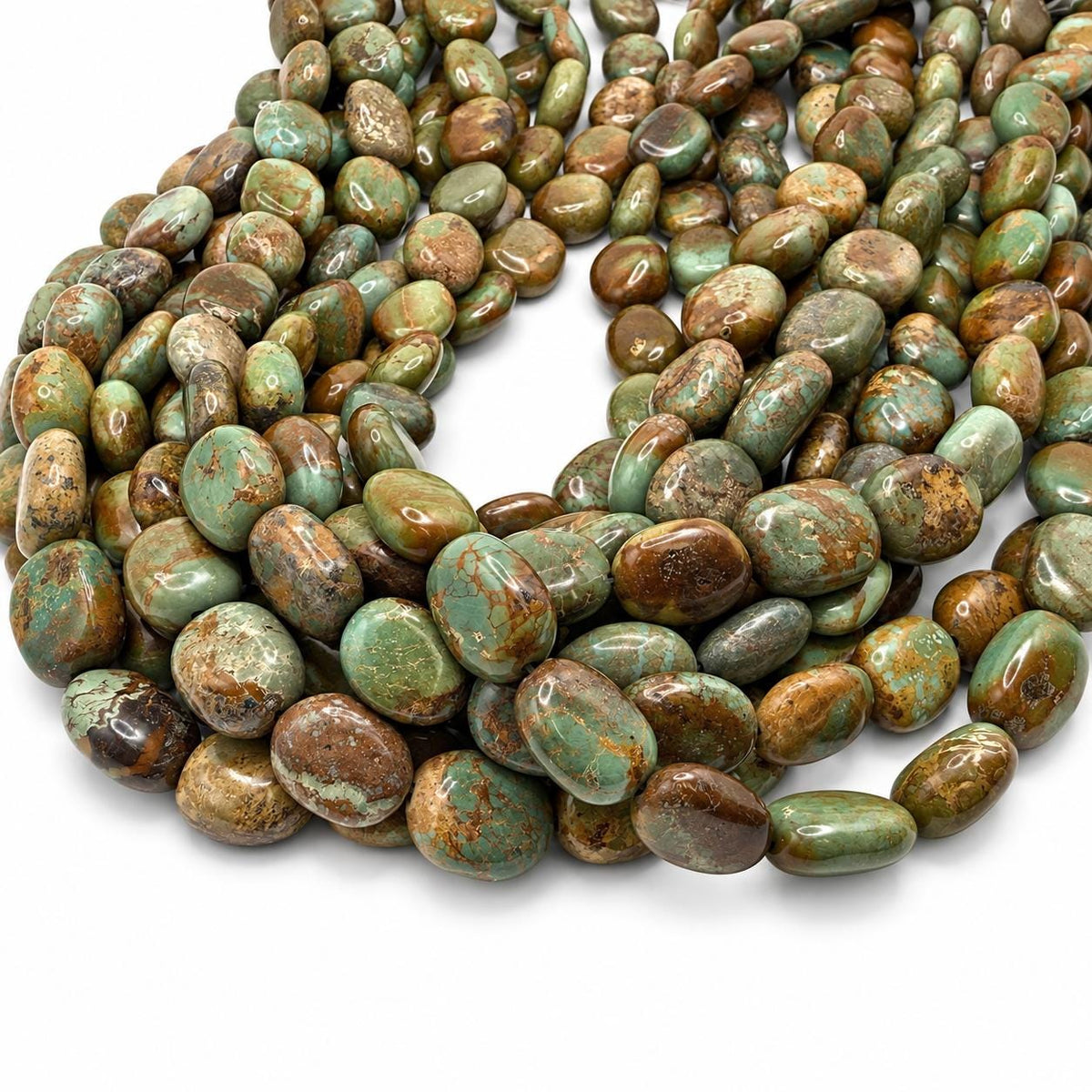 Multicolor Turquoise Beads - Earthy Green with Matrix - Never Dyed or Color Enhancement - Freeform Flat Oval Nugget Approx. 10X15mm #A122