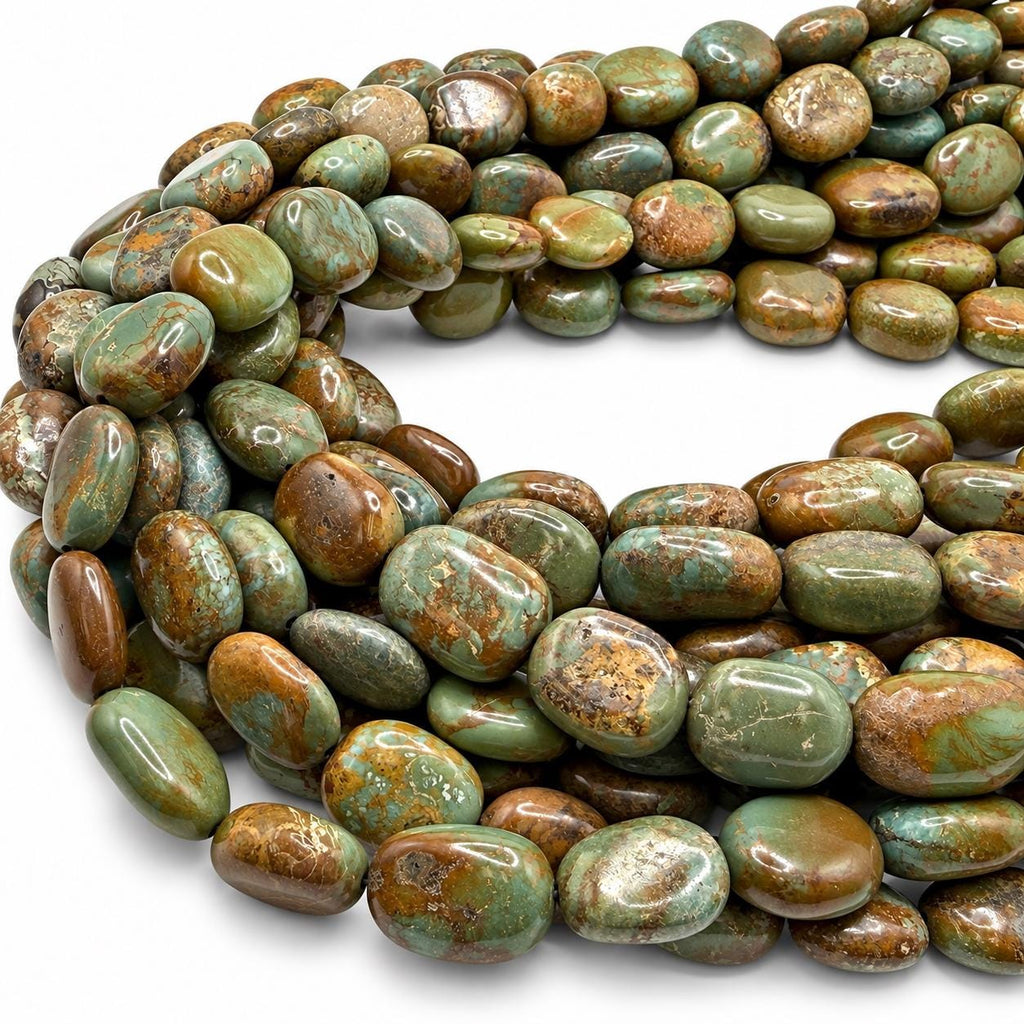 Multicolor Turquoise Beads - Earthy Green with Matrix - Never Dyed or Color Enhancement - Freeform Flat Oval Nugget Approx. 10X15mm #A122
