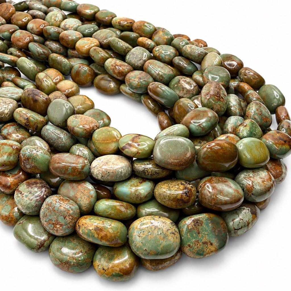 Multicolor Turquoise Beads - Earthy Green with Matrix - Never Dyed or Color Enhancement - Freeform Flat Oval Nugget Approx. 10X15mm #A122