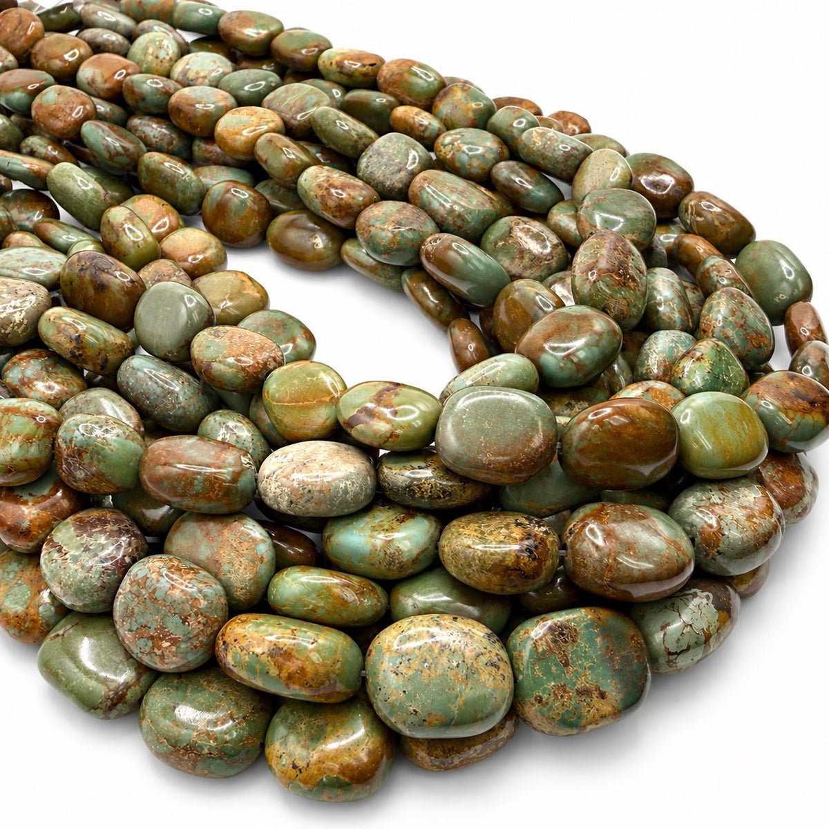 Multicolor Turquoise Beads - Earthy Green with Matrix - Never Dyed or Color Enhancement - Freeform Flat Oval Nugget Approx. 10X15mm #A122